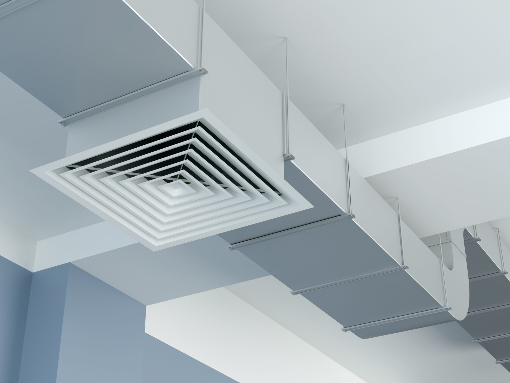 Ceiling-mounted air duct system with a square, slatted vent grille with a sleek, modern design.