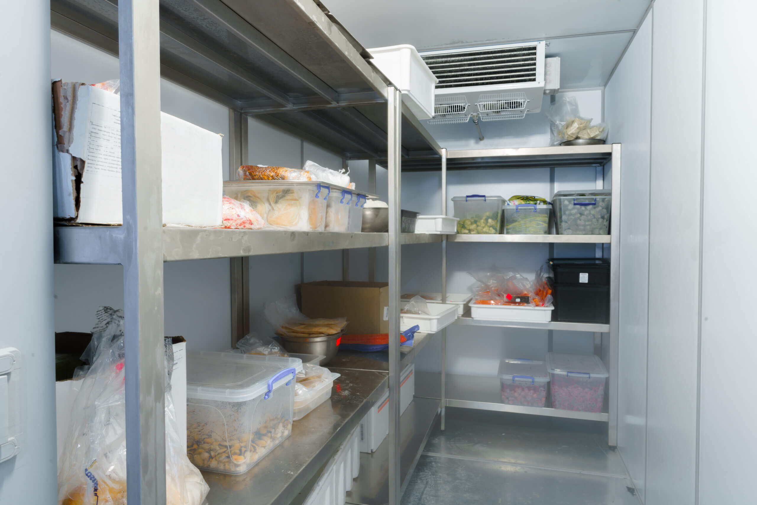Commercial kitchen cold-room interior with metal shelves stacked with labeled plastic containers holding various frozen foods.