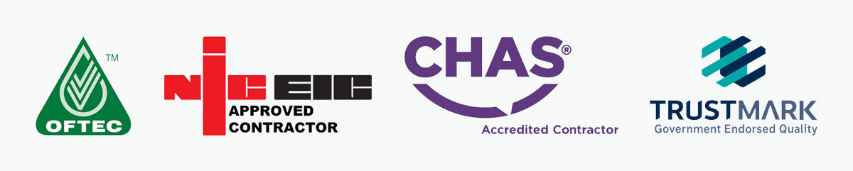 Four certification logos are aligned horizontally: OFTEC, NIC EIC, CHAS, and TrustMark.